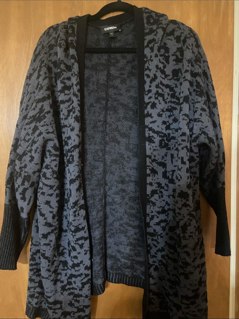 Express Gray and Black Open-Front Patterned Cardigan